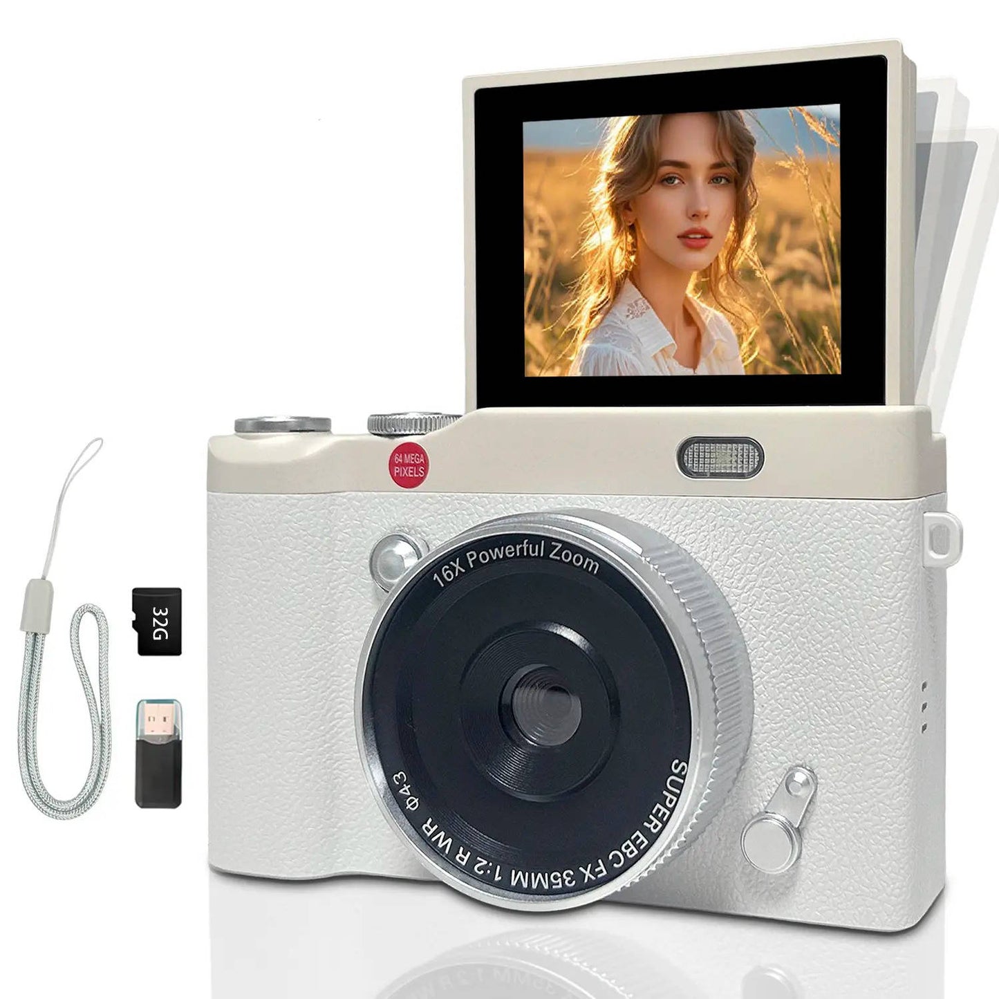 Digital Camera with 180 Degree Flip Screen and Auto Focus for Selfies, 64MP Resolution