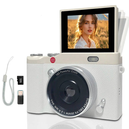 Digital Camera with 180 Degree Flip Screen and Auto Focus for Selfies, 64MP Resolution