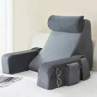 Bed Rest Pillow with Detachable Arms and Adjustable Neck Support, Dual Storage Pockets