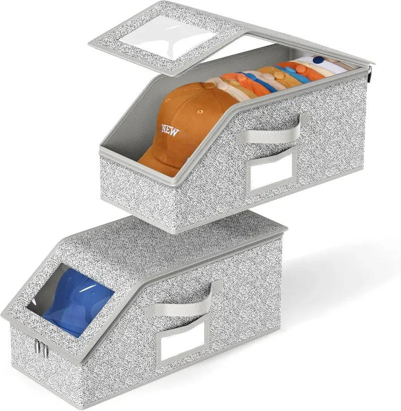 Hat Storage Boxes with Clear Windows and Metal Zipper, Holds 24 Caps Stackable