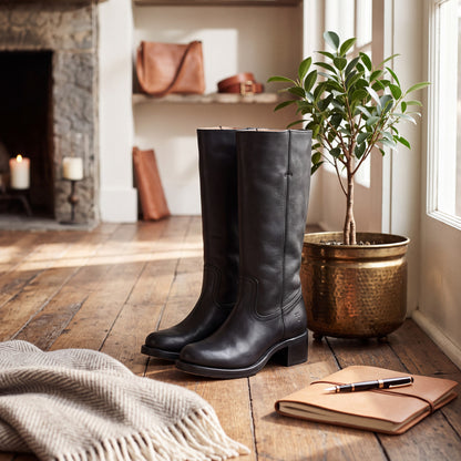 Mid Calf Boots for Women with Block Heel and Closed Toe, Side Seam Detail