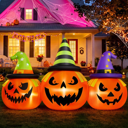 Yard Inflatable Pumpkin Decoration with White LED Lights and Built-in Air Blower, 6 Feet Wide