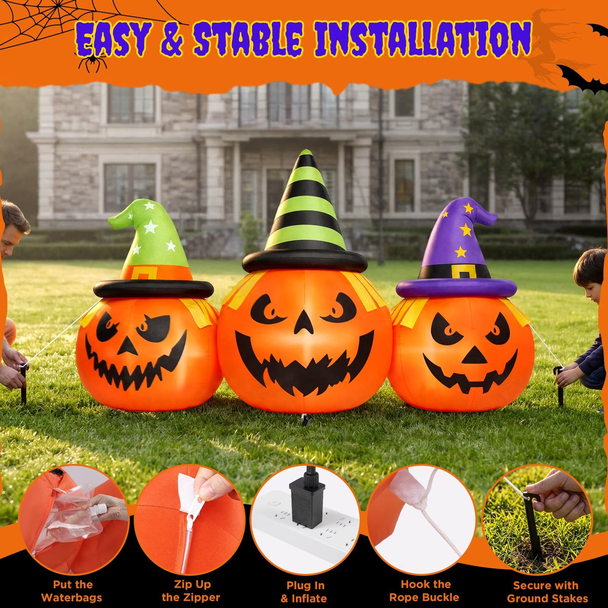 Yard Inflatable Pumpkin Decoration with White LED Lights and Built-in Air Blower, 6 Feet Wide
