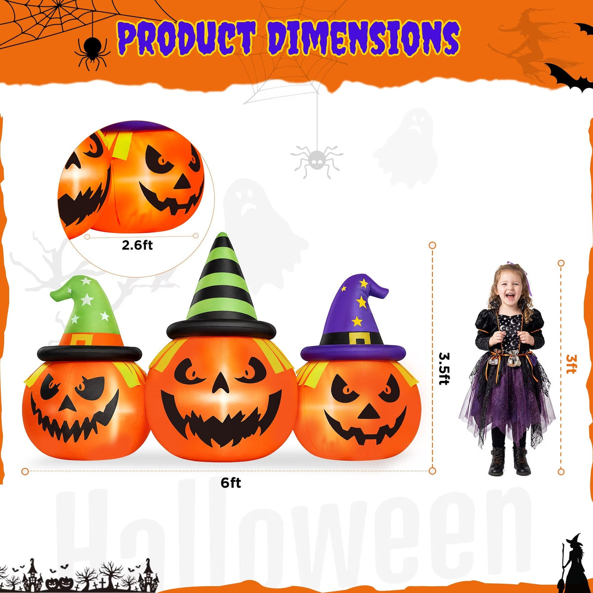 Yard Inflatable Pumpkin Decoration with White LED Lights and Built-in Air Blower, 6 Feet Wide