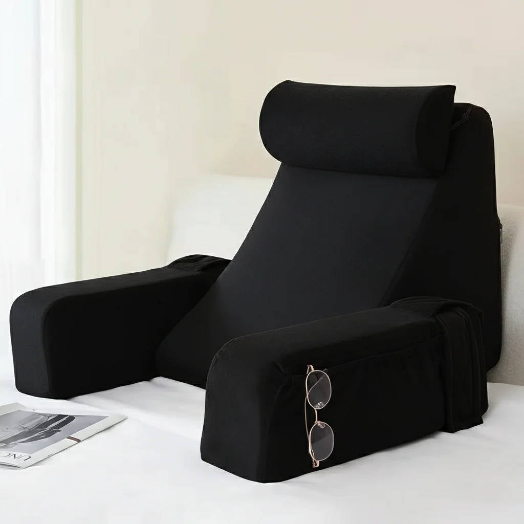 Bed Rest Pillow with Detachable Arms and Adjustable Neck Support, Dual Storage Pockets