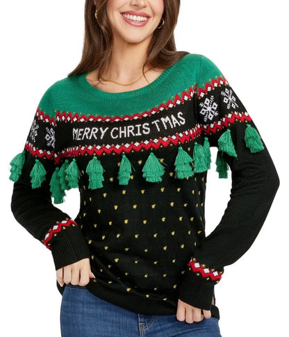 Plus Size Christmas Tree Sweater with Hanging Green and Red Tassels, XL-5XL