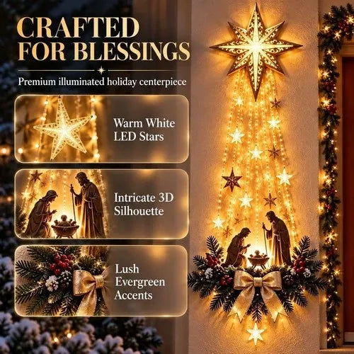 Nativity Wall Ornament with Warm White LED Lights and Evergreen Accents