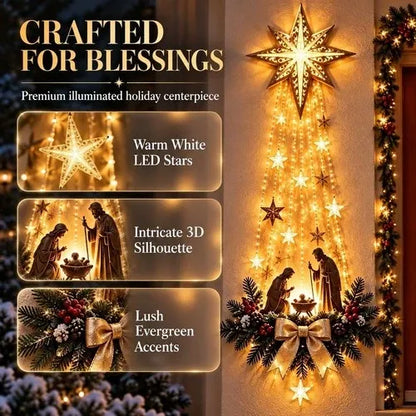 Nativity Wall Ornament with Warm White LED Lights and Evergreen Accents