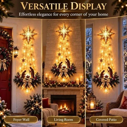 Nativity Wall Ornament with Warm White LED Lights and Evergreen Accents