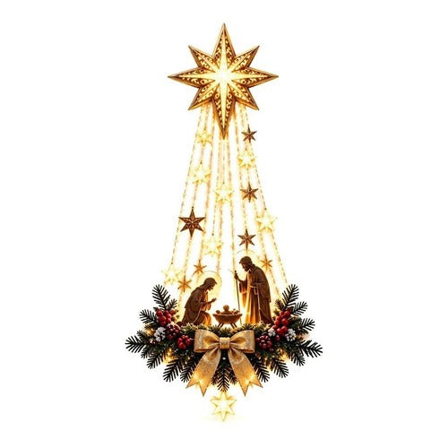 Nativity Wall Ornament with Warm White LED Lights and Evergreen Accents