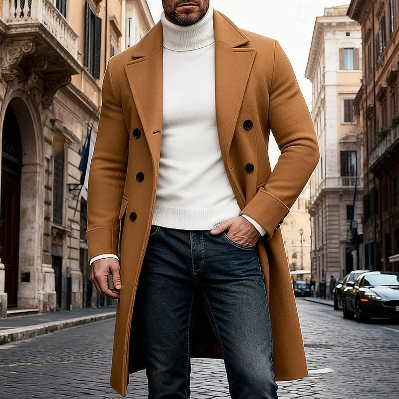 Double Breasted Overcoat with Tailored Fit and Front Pockets, Long Length