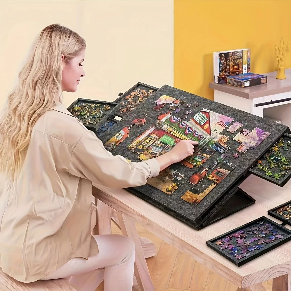 Portable Puzzle Table with Six Sorting Drawers Stand and Cover Lid for 1000 Piece Puzzles