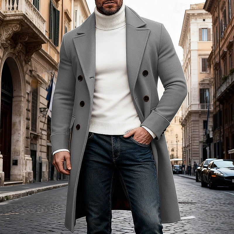 Double Breasted Overcoat with Tailored Fit and Front Pockets, Long Length