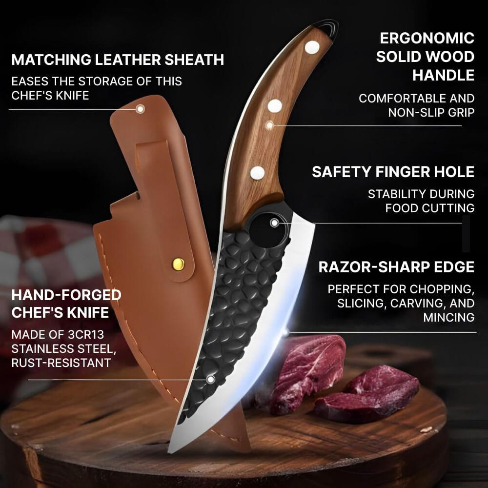 Chef's Knife with Precision Finger Notch and Cherry Wood Handle