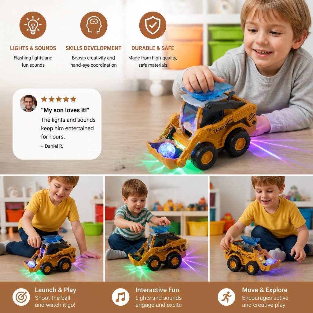 Light-Up Construction Bulldozer with Ball Launcher for Kids