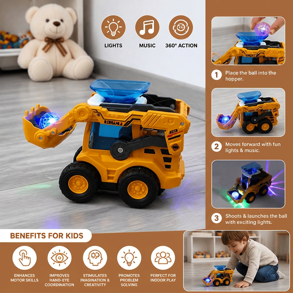 Light-Up Construction Bulldozer with Ball Launcher for Kids