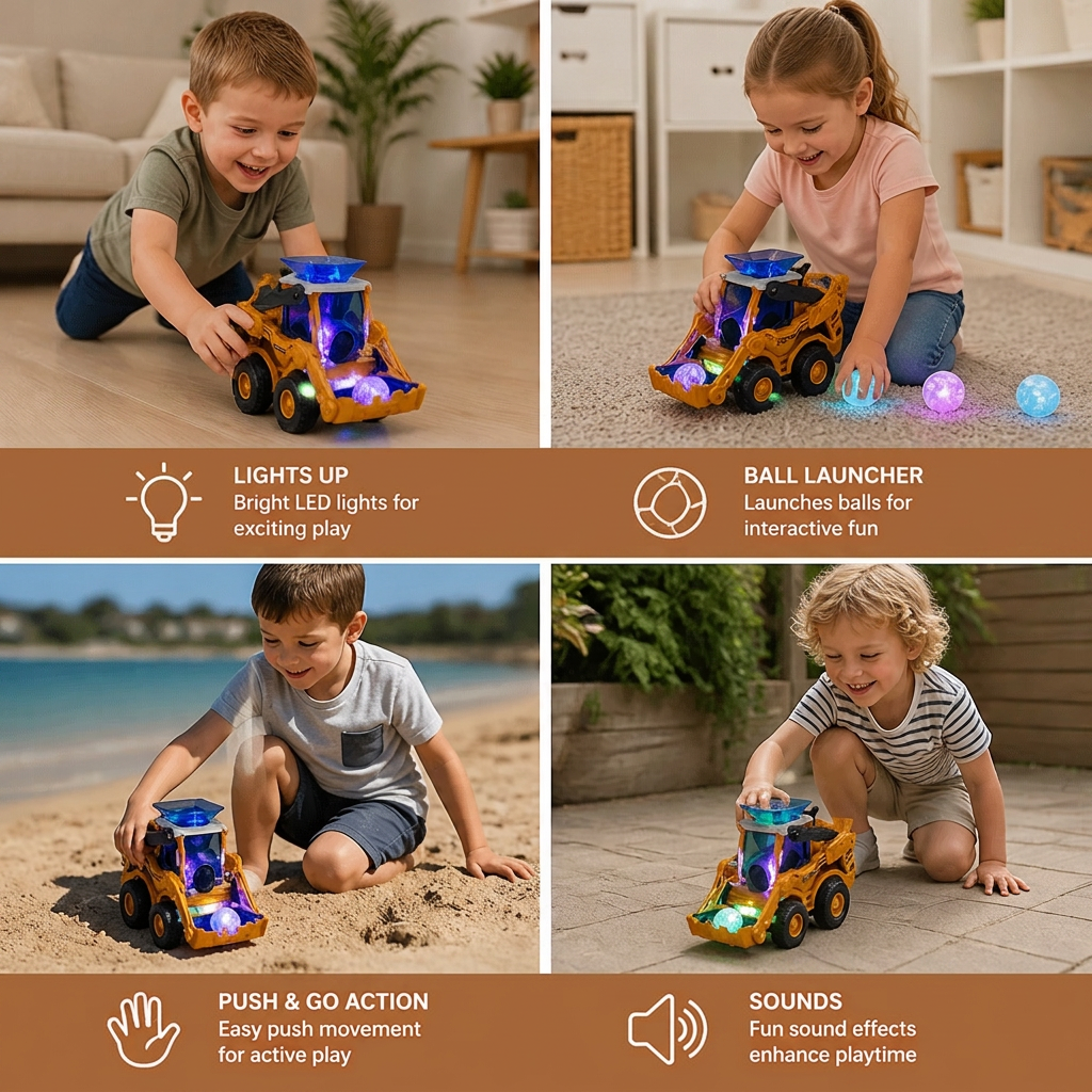 Light-Up Construction Bulldozer with Ball Launcher for Kids