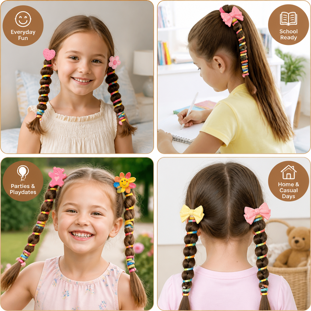 Spiral Hair Ties for Kids with Flower and Heart Designs