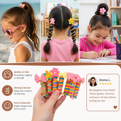 Spiral Hair Ties for Kids with Flower and Heart Designs