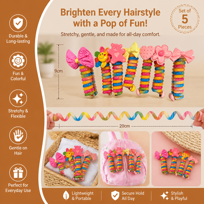 Spiral Hair Ties for Kids with Flower and Heart Designs