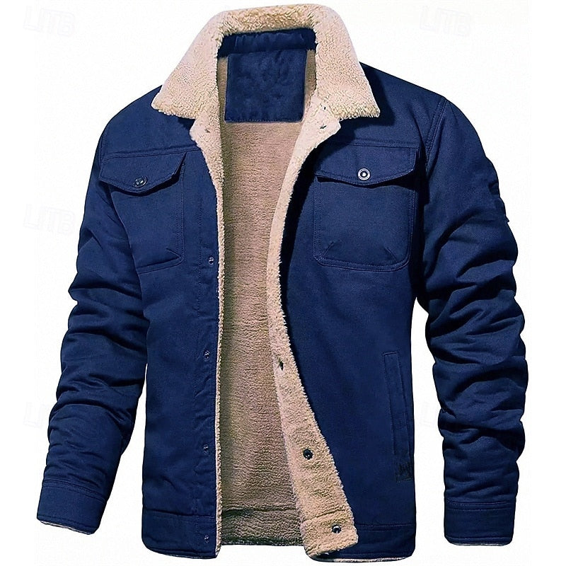 Plush Lined Trucker Jacket with Adjustable Collar and Four Pockets