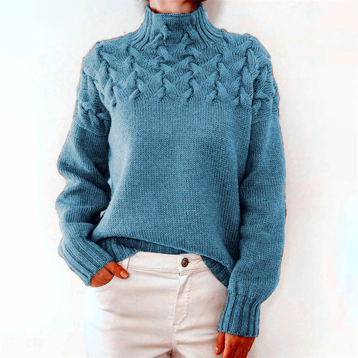 Turtleneck Sweater with Extended Hip Length and Soft Knit Fabric