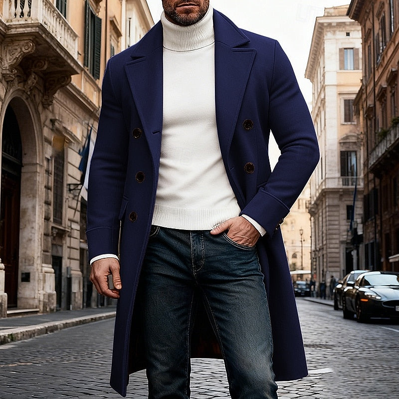 Double Breasted Overcoat with Tailored Fit and Front Pockets, Long Length