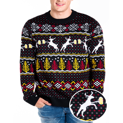 Mens Deer and Beer Ugly Christmas Sweater with Trees and Snowflake Pattern