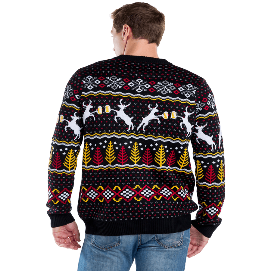 Mens Deer and Beer Ugly Christmas Sweater with Trees and Snowflake Pattern