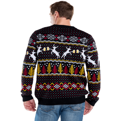 Mens Deer and Beer Ugly Christmas Sweater with Trees and Snowflake Pattern