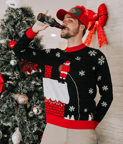 Mens Cheeky Santa Light Up Christmas Sweater with a Glowing Rooftop Stream