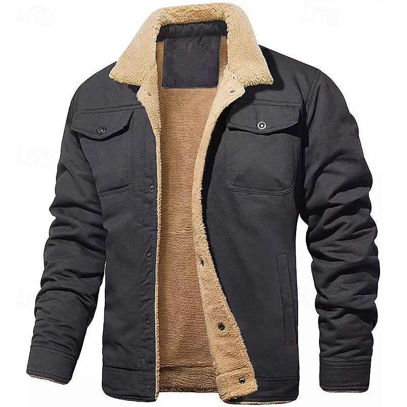 Plush Lined Trucker Jacket with Adjustable Collar and Four Pockets