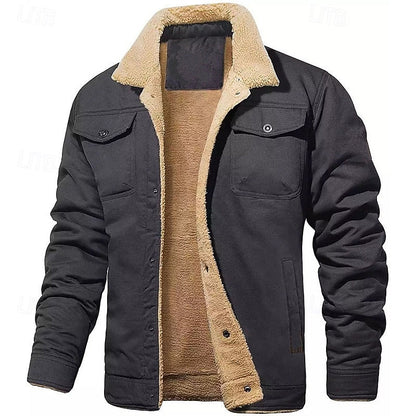 Plush Lined Trucker Jacket with Adjustable Collar and Four Pockets