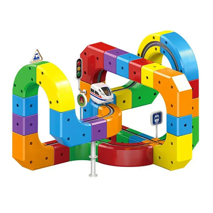 Modular Cube Train Track Set with 81 Snap-Together Pieces and Gravity-Powered Train Car