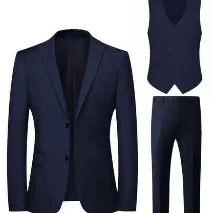 Details of a men's slim fit double-breasted suit. The 3-piece set includes a perfectly tailored waistcoat.