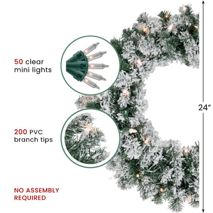 Pre-Lit White Christmas Wreath with 50 Clear Mini Lights and 200 Branch Tips, 24 Inch Diameter