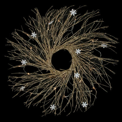 Illuminated Christmas Wreath with 25 Warm White Lights and Snowflake Accents, 28 Inch