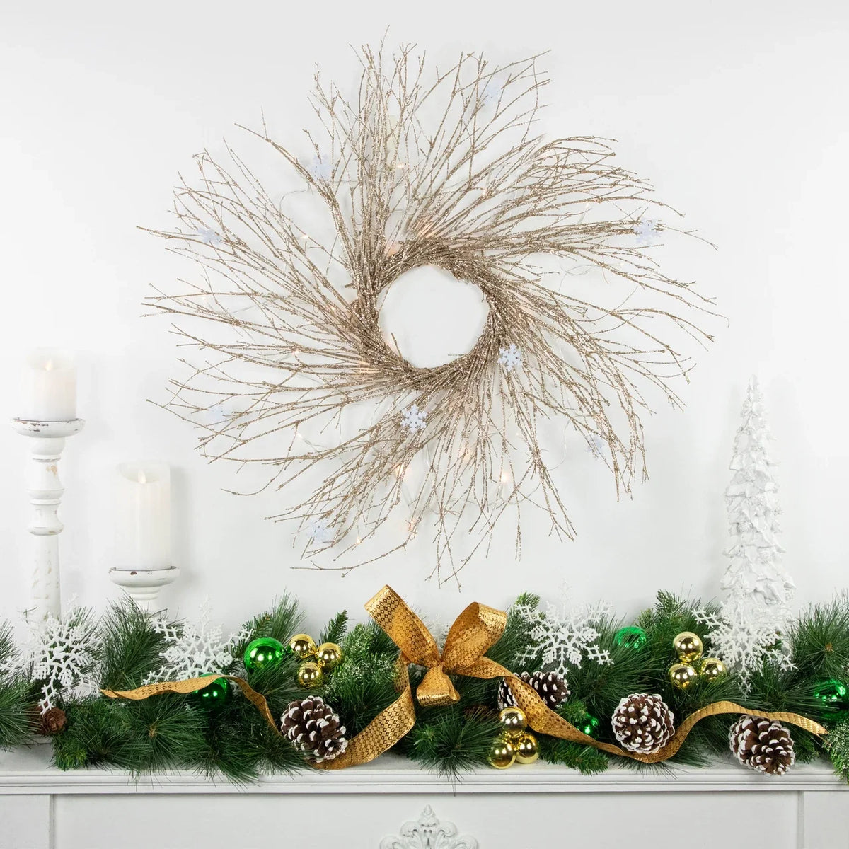 Illuminated Christmas Wreath with 25 Warm White Lights and Snowflake Accents, 28 Inch