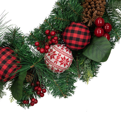 Red Bow Christmas Wreath with Plaid and Snowflake Ornaments 30 Inch Unlit
