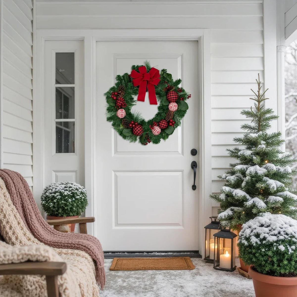 Red Bow Christmas Wreath with Plaid and Snowflake Ornaments 30 Inch Unlit