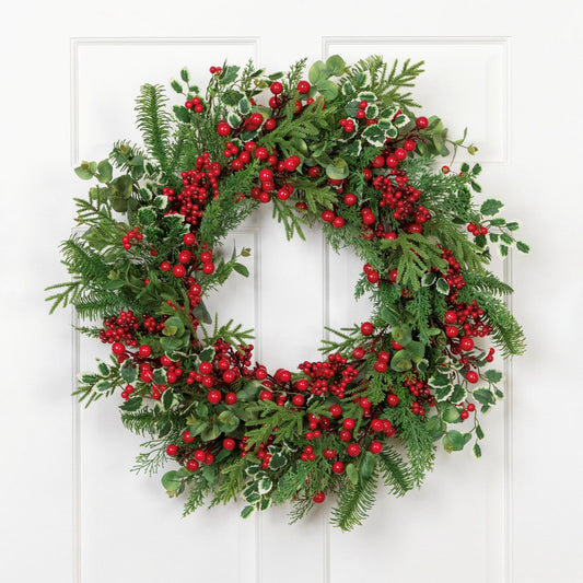 Mixed Pine and Cedar Christmas Wreath with Red Berries and Holly 30 Inch Unlit