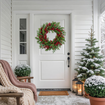 Mixed Pine and Cedar Christmas Wreath with Red Berries and Holly 30 Inch Unlit