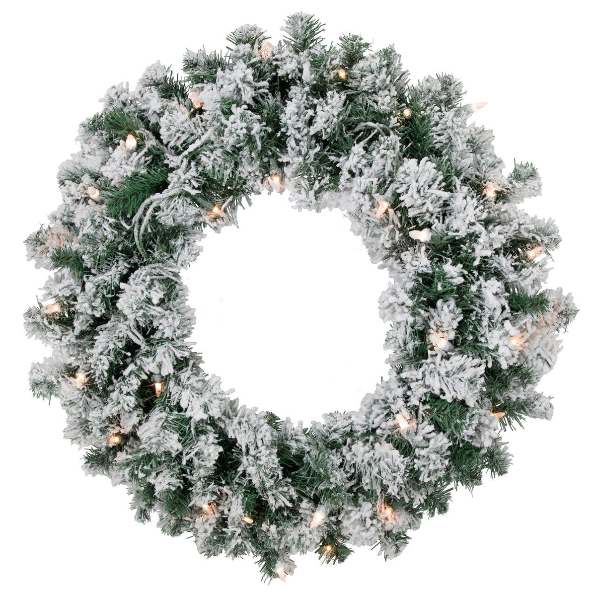 Pre-Lit White Christmas Wreath with 50 Clear Mini Lights and 200 Branch Tips, 24 Inch Diameter