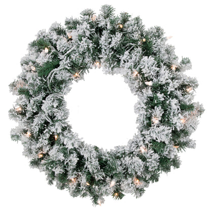 Pre-Lit White Christmas Wreath with 50 Clear Mini Lights and 200 Branch Tips, 24 Inch Diameter