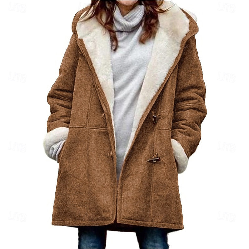 Insulated Hooded Winter Coat with Button Front and Adjustable Hood