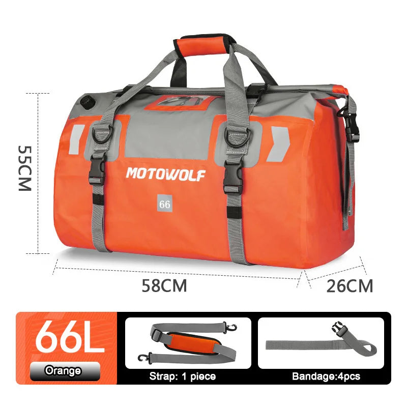 Motorcycle Tail Duffle Bag with Roll Top Buckle Closure and Reflective Strips, 40L-66L