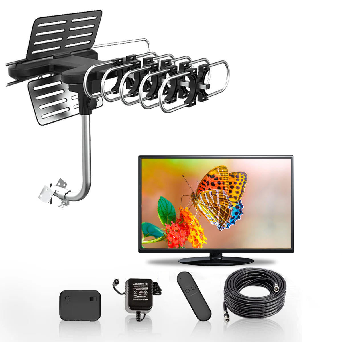 Outdoor HD TV Antenna with 360 Degree Motorized Rotation and Remote Control, 33ft Cable
