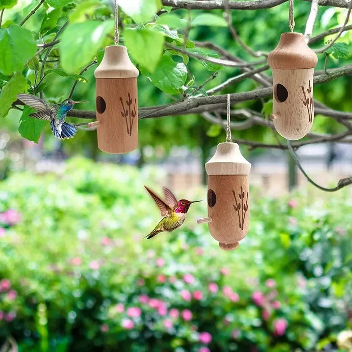 Hummingbird House with Resin Construction and Wood Grain Finish, Hanging Garden Décor