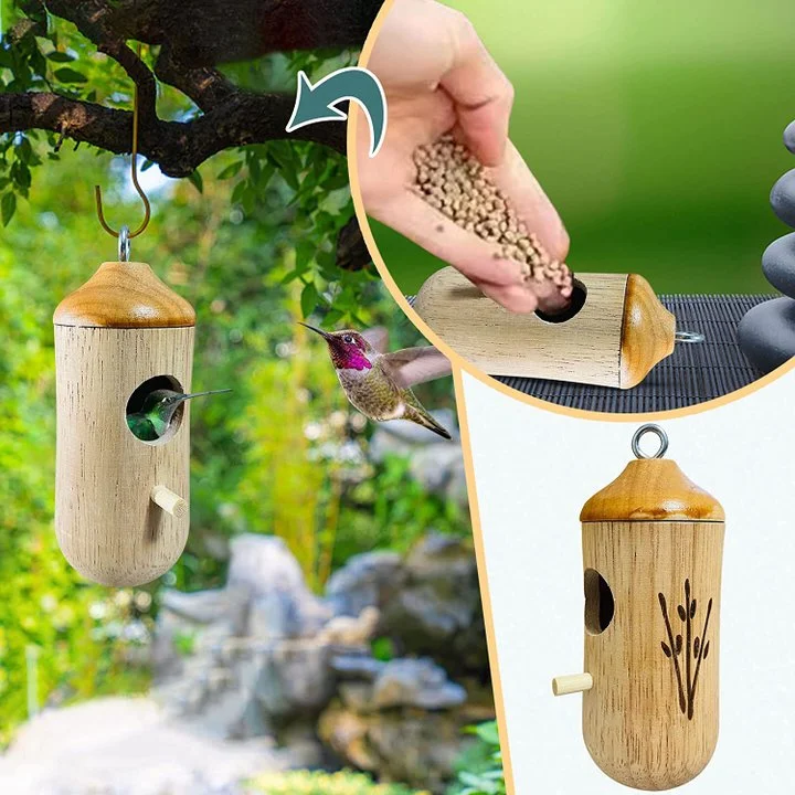 Hummingbird House with Resin Construction and Wood Grain Finish, Hanging Garden Décor