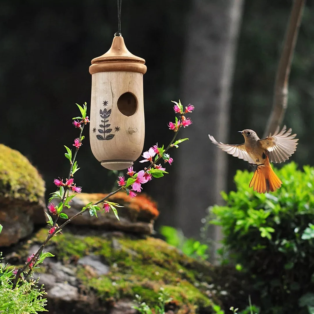 Hummingbird House with Resin Construction and Wood Grain Finish, Hanging Garden Décor